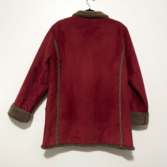 LL Bean Womens Faux Suede Sherpa Lined Coat Sz M Red Cabincore Apres Ski Lodge - Picture 2 of 8